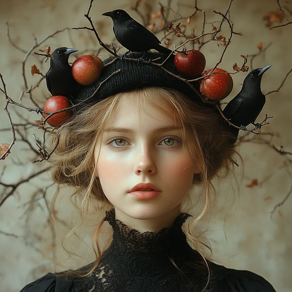 A young woman with fair skin and blonde hair wears a black beret adorned with bare branches, red apples, and three black birds.  The overall aesthetic is dark, romantic, and slightly gothic. Her expression is serene and thoughtful, contrasting the slightly ominous elements of the headpiece. The background is a muted earth tone, emphasizing the central figure.