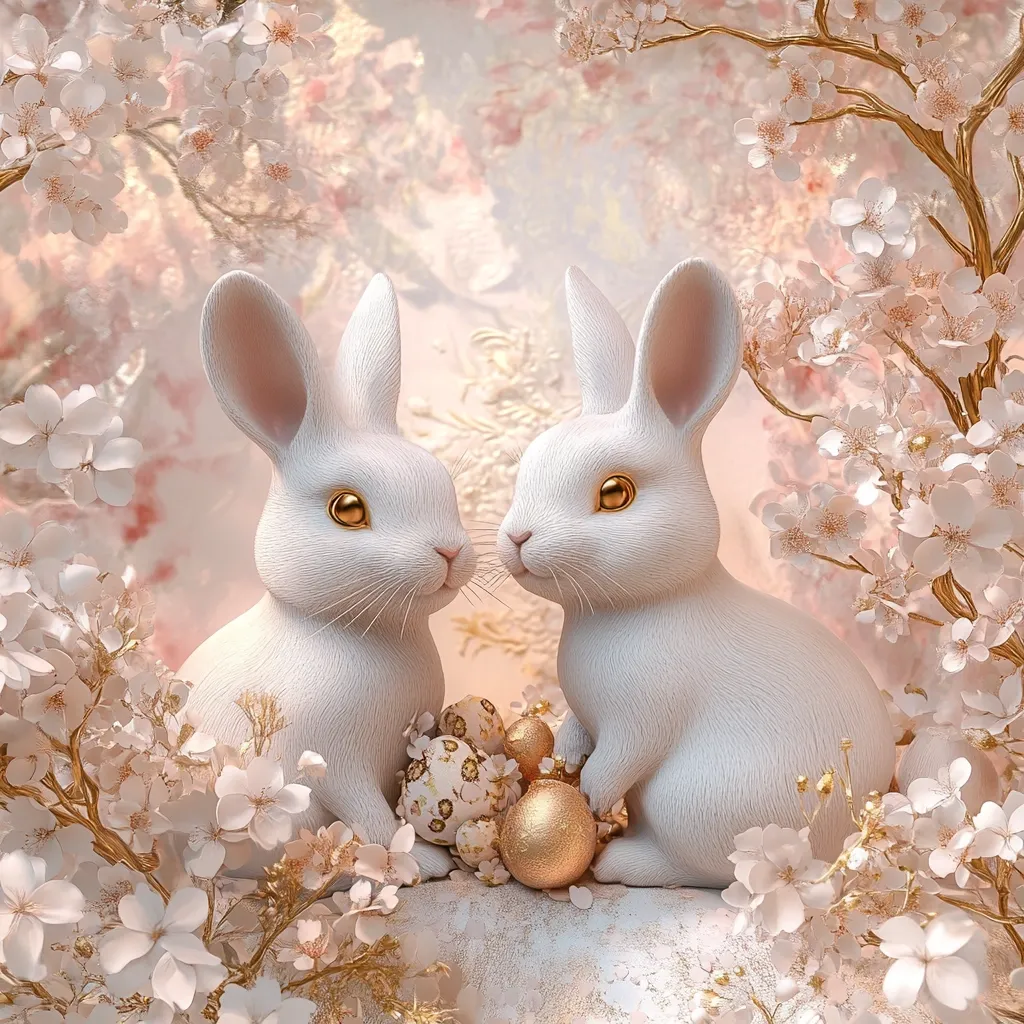 Here's a description of the image:

Two pristine white rabbits, rendered in a 3D style, sit nestled amongst delicate, light pink cherry blossoms.  Their amber eyes meet, creating a sweet and gentle scene.  Between them rests a collection of golden and off-white speckled eggs, adding to the luxurious and Easter-themed ambiance. The background features more cherry blossoms and gilded branches, creating a dreamy and romantic setting. The overall aesthetic is soft, elegant, and evokes a feeling of springtime serenity.