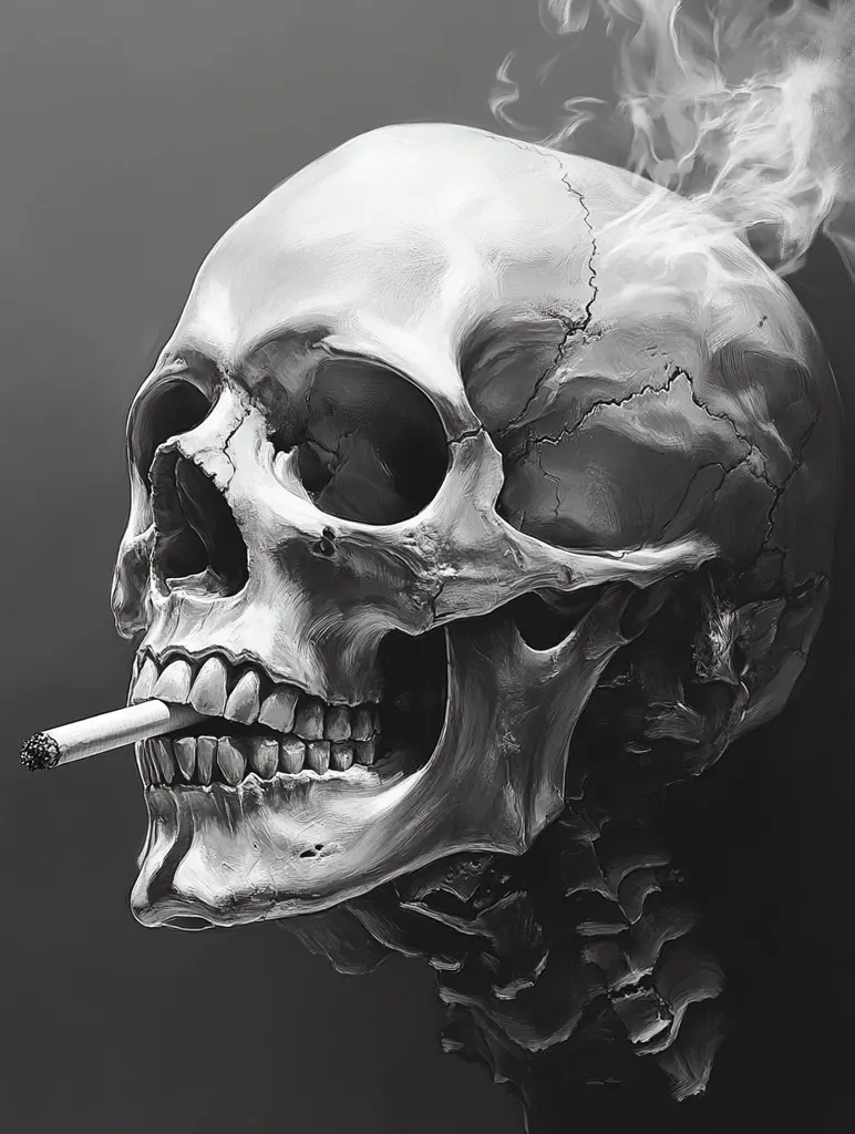 Here's a description of the image:

The image is a monochrome, highly detailed digital painting or rendering of a human skull. The skull is depicted in a three-quarter view, angled slightly downwards, and appears to be holding a cigarette between its teeth. Smoke curls upward from the cigarette, adding a dramatic touch to the scene. The skull's texture is meticulously rendered, showcasing the bone's subtle contours, crevices, and the delicate structure of the teeth.  The background is a simple, dark gray, allowing the skull to command full attention.  The overall mood is dark, evocative, and slightly morbid, hinting at themes of mortality and the fleeting nature of life.