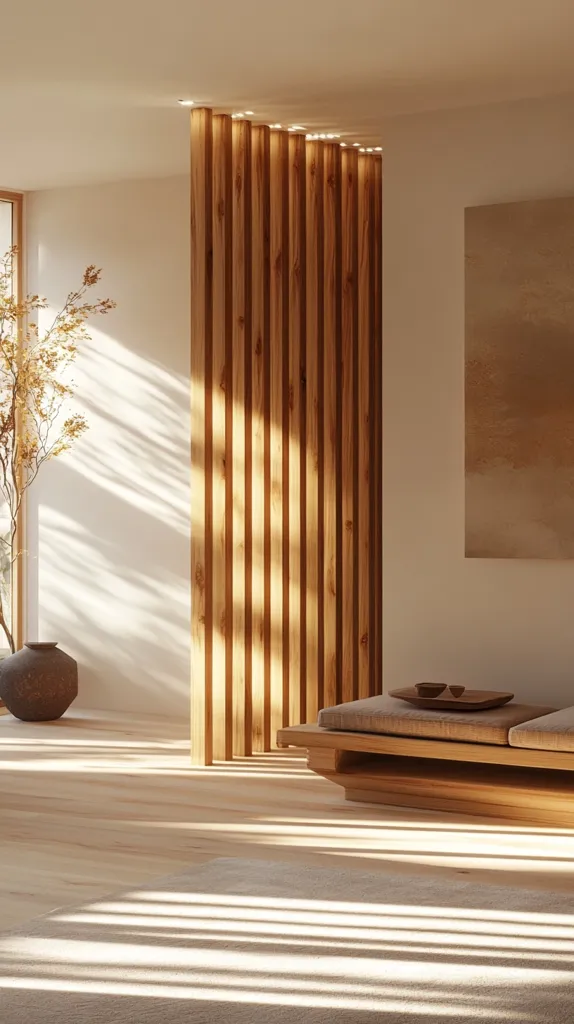Sunlight streams through a minimalist room, illuminating a light-wood floor and a slatted wooden partition.  A low, light-colored wooden bench sits near the partition, holding small bowls.  A simple, earthy-toned painting hangs on the wall.  A small potted plant adds a touch of nature. The overall ambiance is serene and calming, reflecting a modern Japanese aesthetic.