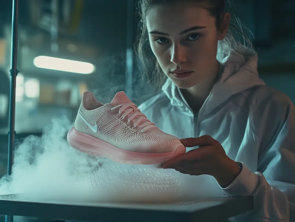 Here's a description of the image:

A young woman with dark hair, wearing a light grey hoodie, holds a pale pink Nike running shoe.  The shoe is presented on a platform, partially obscured by a cloud of dry ice. The scene is dimly lit, creating a dramatic, almost futuristic atmosphere. The woman's expression is serious and focused, suggesting a connection to the shoe's creation or technology.  The overall image conveys a sense of innovation and advanced manufacturing.