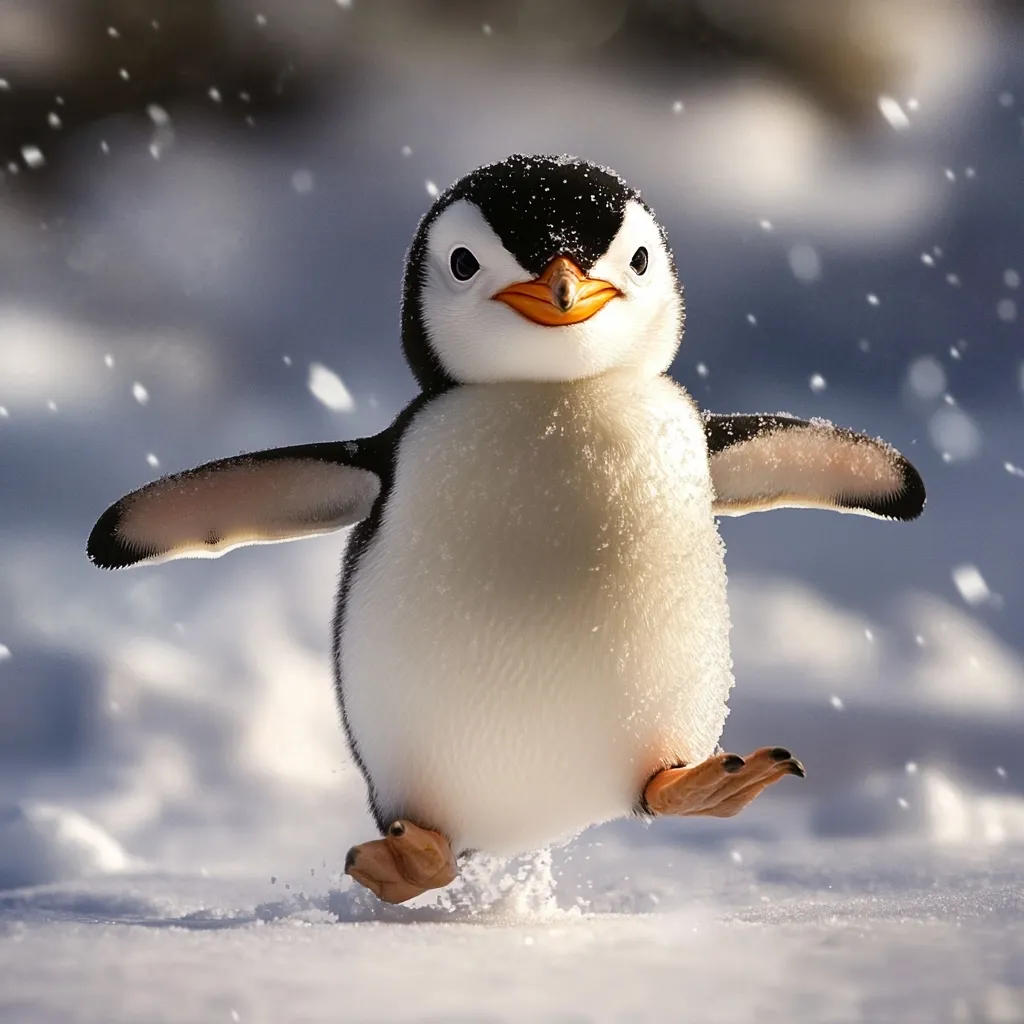 Here's a description of the image:

A fluffy, adorable baby penguin takes center stage in this close-up shot.  Its wings are outstretched as it joyfully waddles across a snowy landscape, tiny feet barely touching the ground.  Snow gently falls around it, creating a soft, ethereal ambiance. The penguin's expression is bright and curious, with large, expressive eyes. The overall image evokes a sense of wonder and the untamed beauty of the Antarctic.