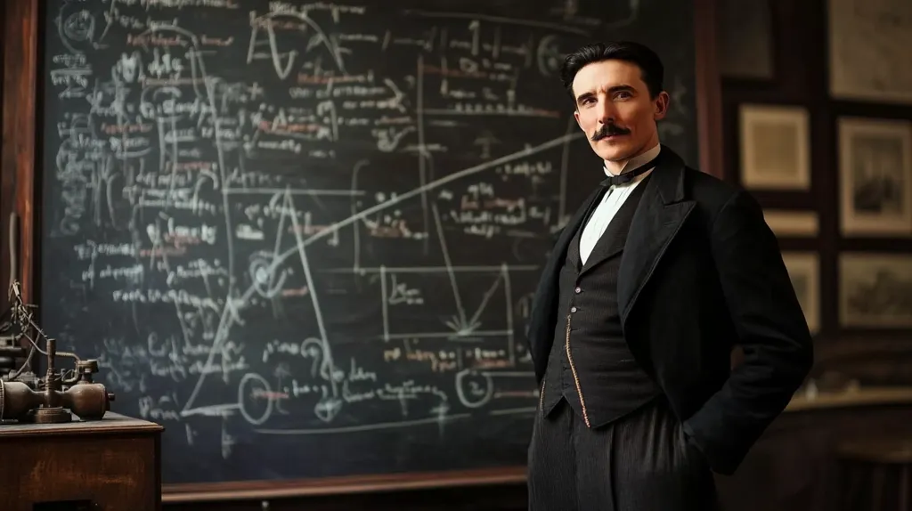 Here's a description of the image:

The photo portrays a man, possibly portraying Nikola Tesla, standing confidently in a dark suit and waistcoat, a thin mustache adorning his upper lip. He's positioned before a large blackboard densely filled with complex equations and diagrams, suggesting scientific or engineering work.  The setting appears to be a study or laboratory, with framed pictures on the walls adding to the scholarly ambiance. A small piece of apparatus rests on a wooden desk to the left. The overall mood is serious and intellectual, emphasizing the subject's profound engagement with his work.