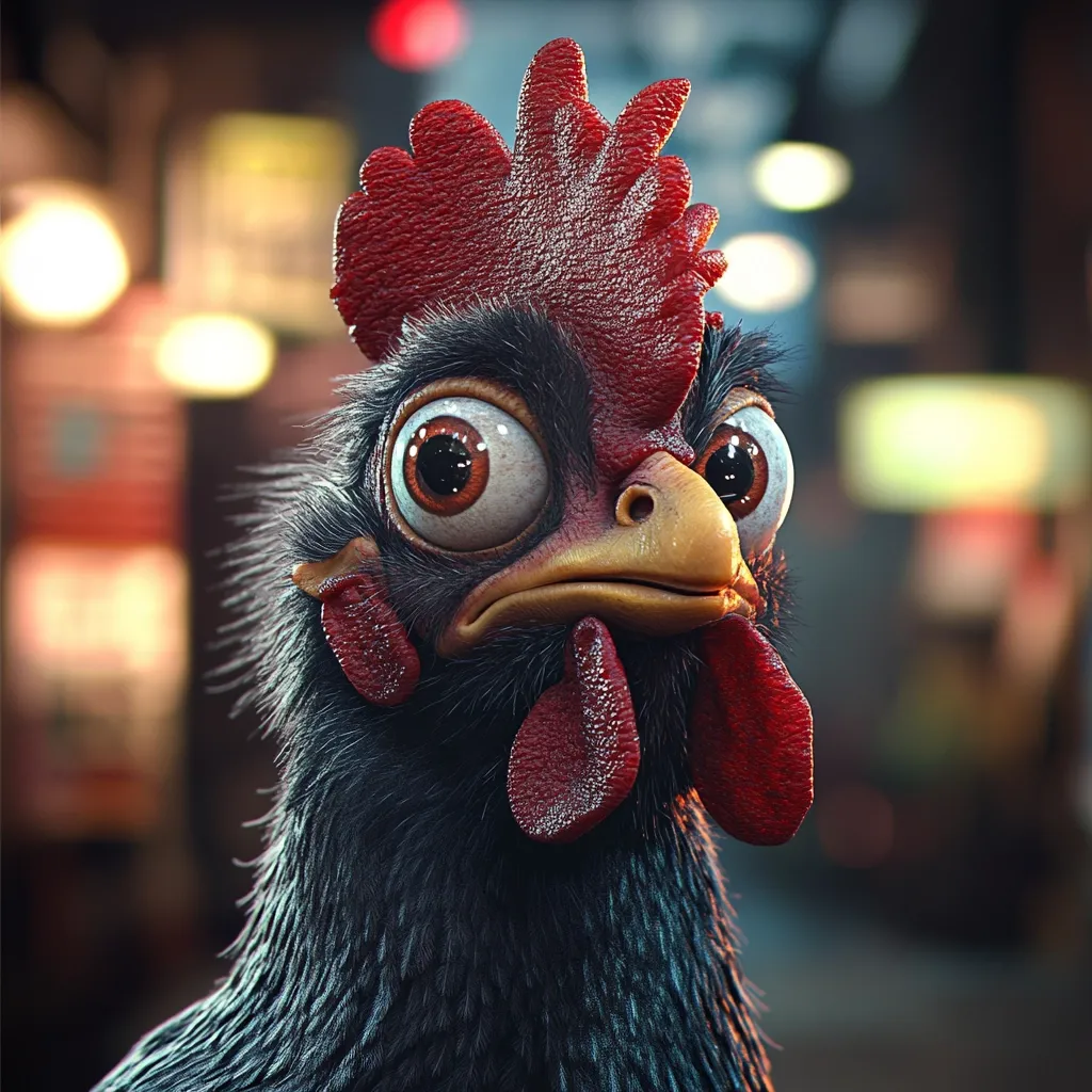 Close-up view of a digitally rendered chicken.  It has oversized, expressive eyes, a dark, fluffy body, and a vibrant red comb and wattles.  The chicken's expression is slightly quizzical or surprised.  The background is blurred, suggesting a nighttime city or alley setting, with bokeh lights adding to the ambiance. The image is highly realistic in its rendering of textures and details.