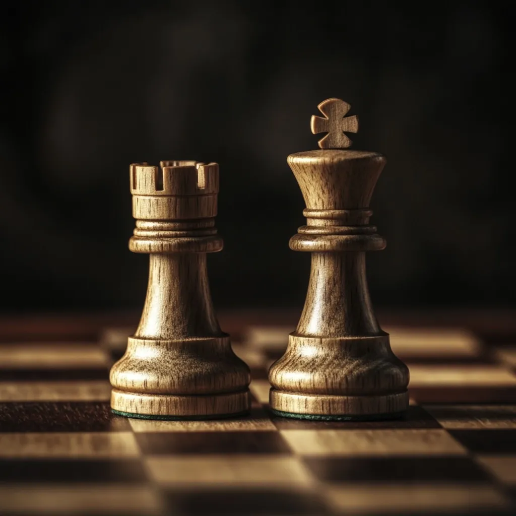 Close-up view of a king and rook chess pieces positioned on a dark wooden chessboard.  The pieces are made of dark wood with a polished finish, highlighting their grain. The image is dramatically lit, focusing on the pieces against a blurred background, creating a sense of depth and intensity. The scene suggests strategy and the importance of key chess pieces.