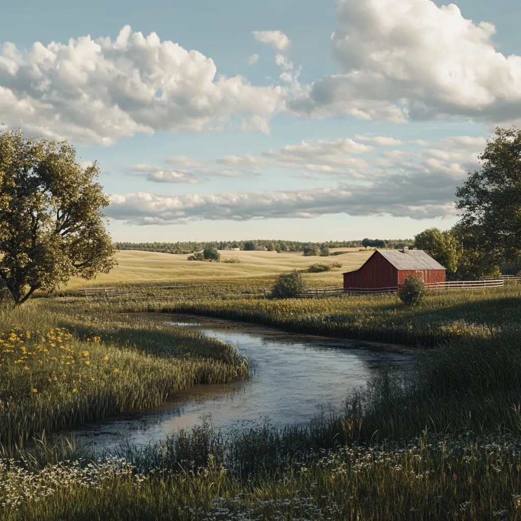 A serene landscape unfolds, featuring a tranquil stream meandering through a vibrant meadow dotted with wildflowers.  A rustic red barn sits peacefully in the distance, nestled amongst rolling hills under a partly cloudy sky.  Lush greenery lines the stream's banks, and mature trees frame the scene, creating a picturesque pastoral setting. The overall mood is calm and idyllic.