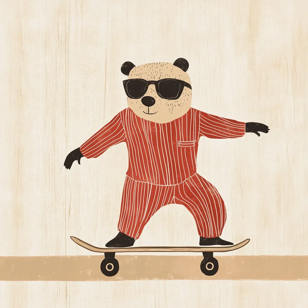 Here's a description of the image:

The illustration depicts a stylized bear wearing red and white striped pajamas and black sunglasses, skateboarding.  The bear's posture is relaxed yet balanced, suggesting a casual and confident demeanor. The art style is simplistic and charming, using muted colors and slightly rough textures that evoke a hand-drawn or vintage aesthetic. The background is a light beige wood grain, complementing the overall retro feel. The bear's features are friendly and approachable. The image conveys a sense of whimsy and fun.