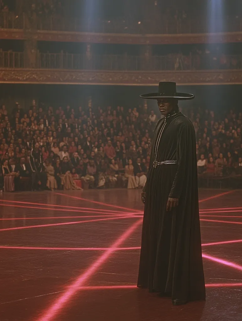 A lone figure, clad in a long black robe and wide-brimmed hat, stands center stage in a grand, dimly lit theater.  Red laser lines intersect on the floor around them, creating a geometric pattern. The background shows a large, seated audience watching intently. The overall atmosphere is dramatic and mysterious, suggestive of a performance or ritual.  The figure's posture is poised and commanding.