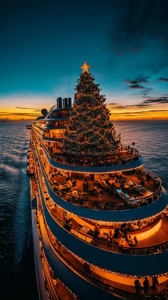 A large cruise ship, illuminated at sunset, is adorned with a massive, brightly lit Christmas tree on its deck.  String lights outline the ship's multiple levels, creating a festive atmosphere.  Passengers can be seen enjoying the evening on the various decks, adding to the vibrant scene. The ocean stretches out behind the vessel under a deep blue twilight sky.  The overall image evokes a sense of luxury and holiday celebration at sea.