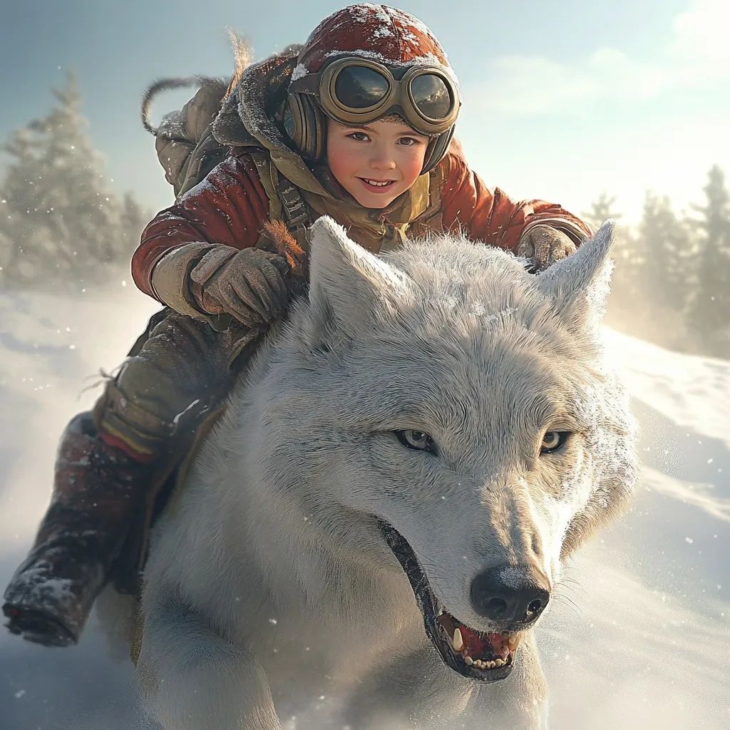 A young child, wearing a red and brown winter outfit and aviator goggles, sits astride a large, white wolf.  The scene is set in a snowy, winter landscape, with pine trees visible in the background.  The child looks directly at the viewer, smiling, while the wolf appears calm and focused on its journey. The overall impression is one of adventure and a unique bond between child and animal.  Sunlight illuminates the scene, creating a warm, magical atmosphere.