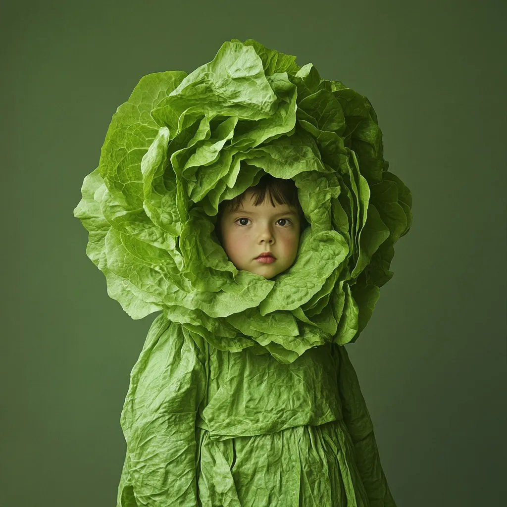 Here's a description of the image:

A young child's face is framed by a large, leafy headpiece constructed from what appears to be lettuce. The lettuce forms a voluminous, ruff-like collar around their neck and shoulders, extending downwards to create a dress-like effect. The child has dark hair and serious expression, their gaze directed straight ahead. The background is a muted, deep green, complementing the green of the lettuce costume. The overall impression is one of artistic whimsy, possibly conveying themes of nature or childhood innocence.