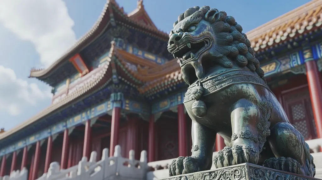 Here's a description of the image:

A weathered bronze lion-dog statue, intricately carved with swirling patterns and detailed paws, sits prominently in the foreground.  It's positioned before a grand, traditional Chinese building, with vibrant red pillars and blue and gold accents on the eaves. The building's architecture showcases elaborate rooflines and ornate details, typical of imperial Chinese design.  The sky is partly cloudy, adding depth and contrast to the scene. The overall impression is one of ancient grandeur and imperial power.