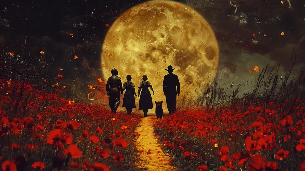 Here's a description of the image:

The artwork depicts a family of four silhouetted against a massive, luminous yellow moon.  They walk down a yellow brick road through a field of vibrant red poppies. A small dog walks behind them. The figures are stylized and slightly whimsical, possibly inspired by classic fairy tale imagery.  The overall mood is nostalgic yet slightly eerie, enhanced by the textured, almost vintage appearance of the background, which suggests a dreamlike or fantastical setting.  Falling petals or leaves add to the atmospheric effect, creating a sense of mystery and journey.