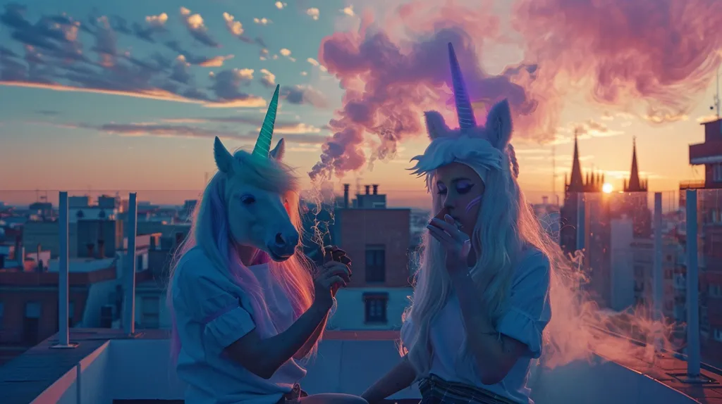 Two individuals, adorned in unicorn head masks and long white wigs, are perched on a rooftop at sunset.  They are both holding and apparently smoking something, creating a hazy, pink and purple smoke effect around them. The cityscape stretches behind them, bathed in the warm glow of the setting sun. The overall scene is surreal and dreamlike, combining fantasy elements with an urban setting.