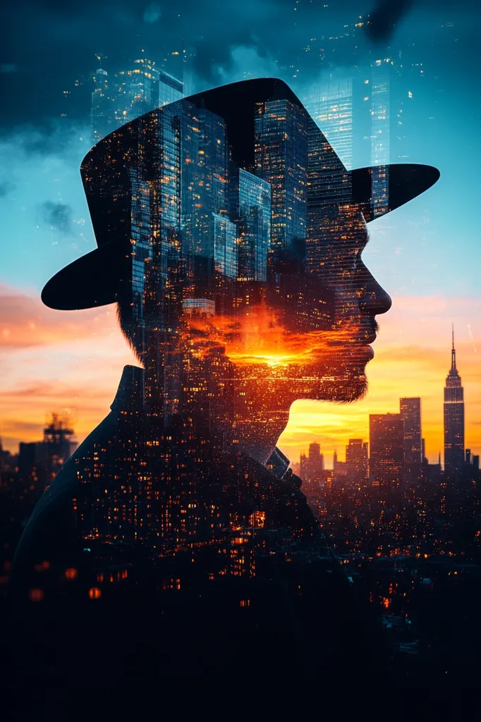 Here's a description of the image:

The image is a double exposure photograph showcasing a man in profile wearing a fedora. His silhouette is superimposed over a vibrant cityscape at sunset.  The city lights are integrated into his form, creating a striking visual blend of human and urban environment.  The warm hues of the setting sun contrast with the cooler tones of the city's nighttime glow. The overall effect is one of mystery and urban sophistication, suggesting a connection between the individual and the city's energy.