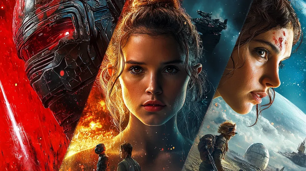 Here's a description of the image:

The image is a vibrant promotional piece, likely for a science fiction film or video game.  It features a triptych-style composition with three central figures: a young woman with fiery, determined eyes in the middle, flanked by a scarred woman in profile on the right and a portion of a menacing, red-lit helmet on the left.  The background is a dynamic mix of fiery explosions, space battles, and desolate landscapes.  Smaller figures of other characters, possibly allies or enemies, are visible in the background. The overall aesthetic is gritty, epic, and suggestive of conflict and adventure.