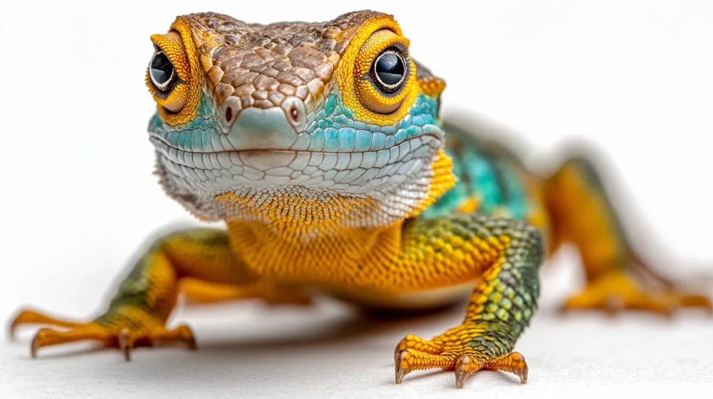 Here's a description of the image:

Close-up view of a vibrant lizard, predominantly yellow and orange, with striking turquoise and teal accents on its head and along its body.  Its large, expressive eyes are a captivating golden yellow with dark pupils. The lizard's skin displays a textured, scaly pattern. It's positioned on a stark white background, making its colors pop. The lizard appears alert and faces the camera directly, creating a captivating and somewhat confrontational pose. Its claws are sharp and clearly visible.  The overall impression is one of striking beauty and exotic charm.
