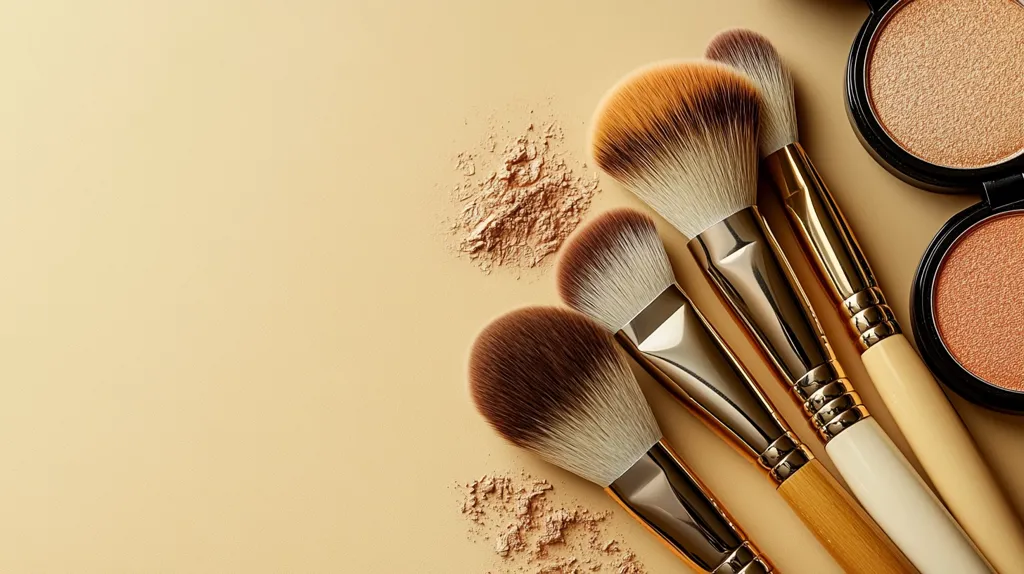 Here's a description of the image:

The image shows several makeup brushes arranged on a light beige background.  The brushes have gold and wooden handles and soft, fluffy bristles.  Two round compact makeup powder containers are partially visible, one with a light beige powder and the other a bronze or copper shade. Spilled powder is scattered around the brushes, suggesting recent use. The overall aesthetic is clean, elegant, and focuses on shades of beige and gold.