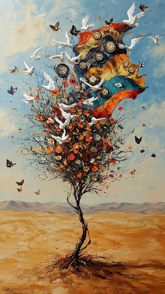 A vibrant, surreal painting depicts a flowering tree in a desert landscape.  White doves and butterflies flutter around the tree, which is adorned with numerous clocks embedded within its colorful blossoms. A tattered, multi-colored fabric, possibly a flag, billows above the tree, further enhancing the dreamlike quality. The scene blends elements of nature and time, suggesting a passage or transformation. The impasto style adds texture and depth to the artwork.