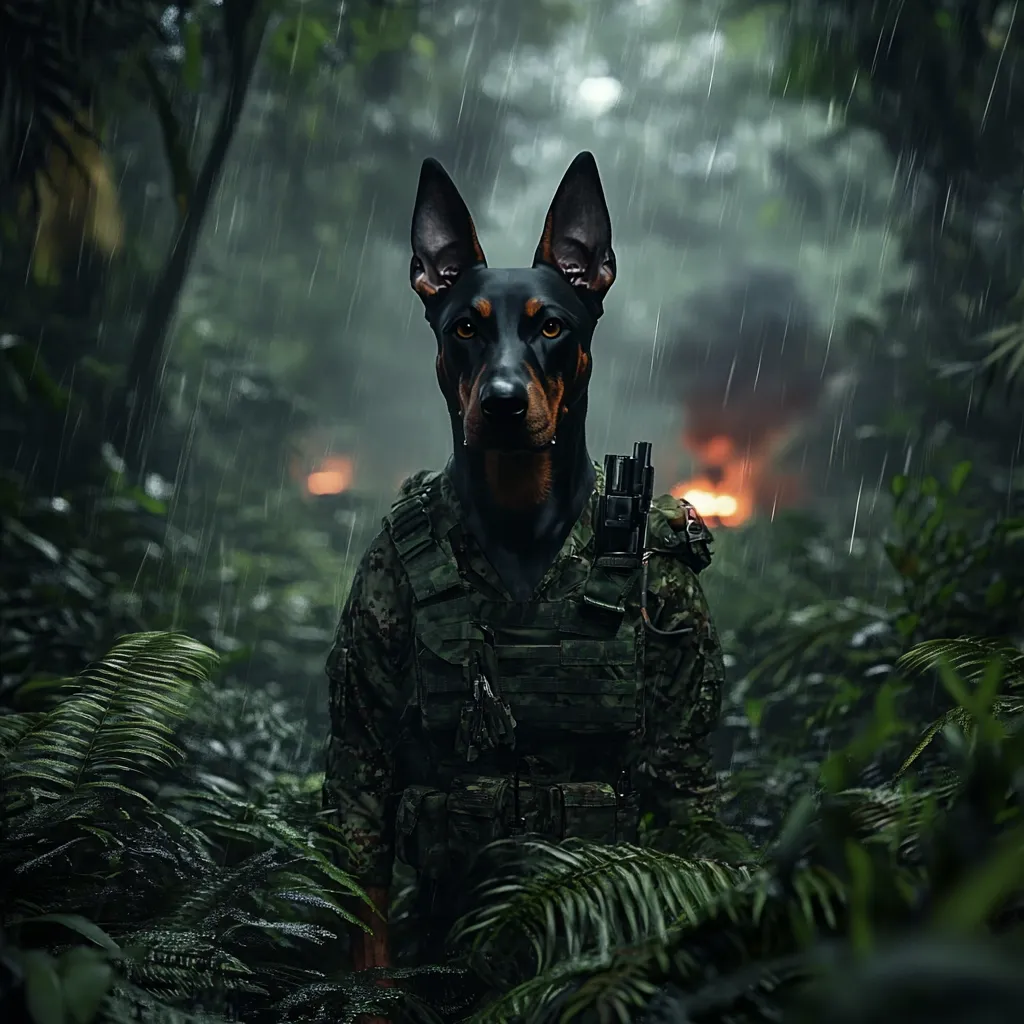 A Doberman Pinscher, its dark fur glistening in the rain, stands amidst a lush, rain-soaked jungle.  The dog is dressed in military fatigues, complete with a tactical vest and gear, conveying a sense of preparedness and mission.  A blurred background suggests a battle or conflict in the distance, adding to the dramatic and intense atmosphere of the scene. The image is dark and moody, emphasizing the dog's serious expression and surroundings.