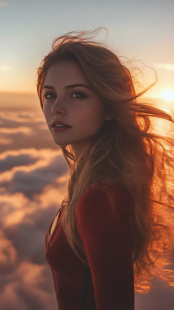 A young woman with long, flowing light brown hair stands against a backdrop of a sunset sky and clouds.  Her hair is illuminated by the golden light, catching the rays as it streams behind her. She wears a maroon, long-sleeved top, and her gaze is directed over her shoulder, creating a captivating and ethereal portrait. The overall mood is romantic and dreamy, emphasizing the beauty of the woman and the natural setting.