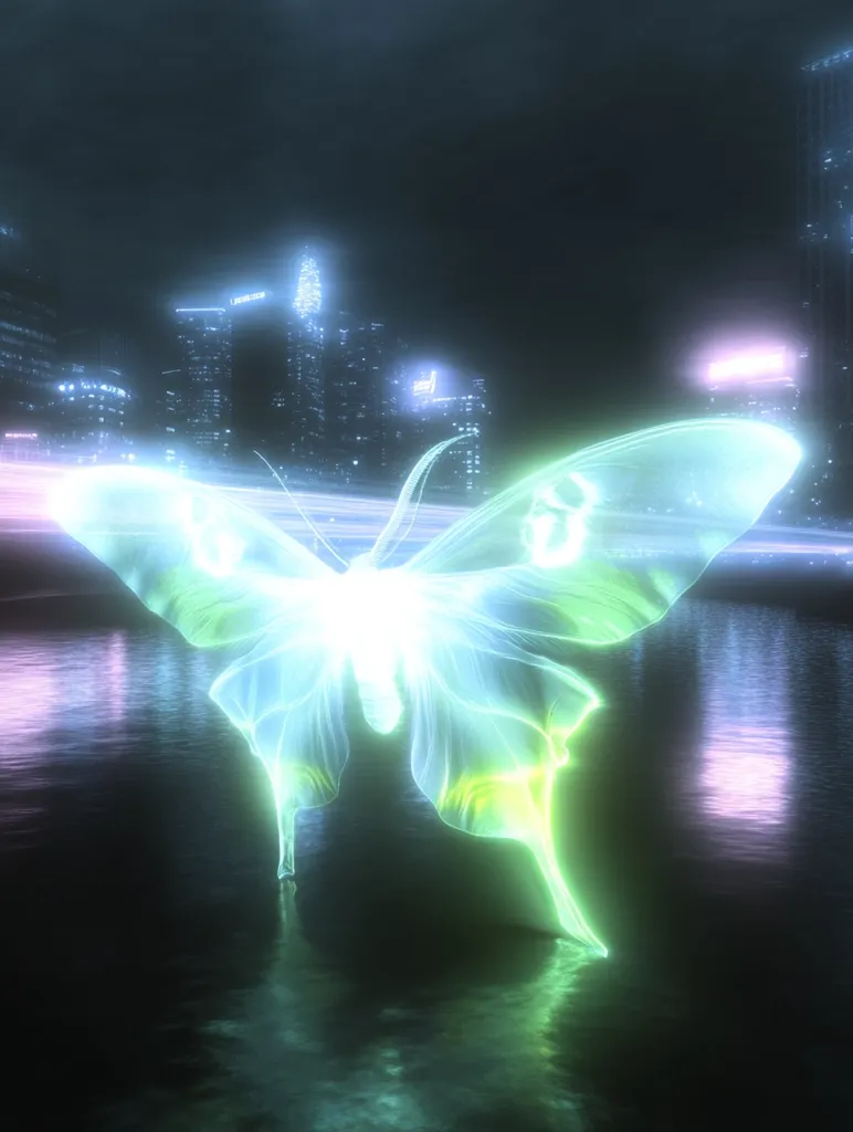 A large, ethereal butterfly, rendered in glowing teal and green hues, is the focal point of the image. Its wings are translucent, almost spectral, and appear to shimmer with an inner light. The butterfly hovers over a calm body of water, reflecting the city skyline behind it. The city lights are muted, creating a dark, almost dreamlike backdrop that contrasts sharply with the luminous insect. The overall mood is surreal and magical.