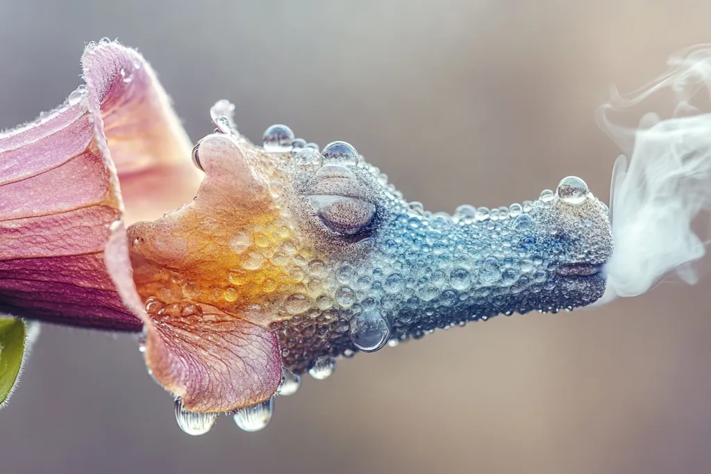 Here's a description of the image:

Close-up view of a flower, possibly a foxglove, heavily coated in dew.  The dew drops are large and spherical, giving the petal a textured, almost scaly appearance. The colors transition from a soft pink at the base to a cool blue-gray at the tip.  The flower’s shape resembles a small dragon’s head, with the dew drops accentuating this illusion.  A wisp of smoke or vapor is subtly visible near the flower’s “mouth,” adding a mystical element to the image. The overall effect is one of delicate beauty and surrealism, achieved through the interplay of light, water, and the flower's form.