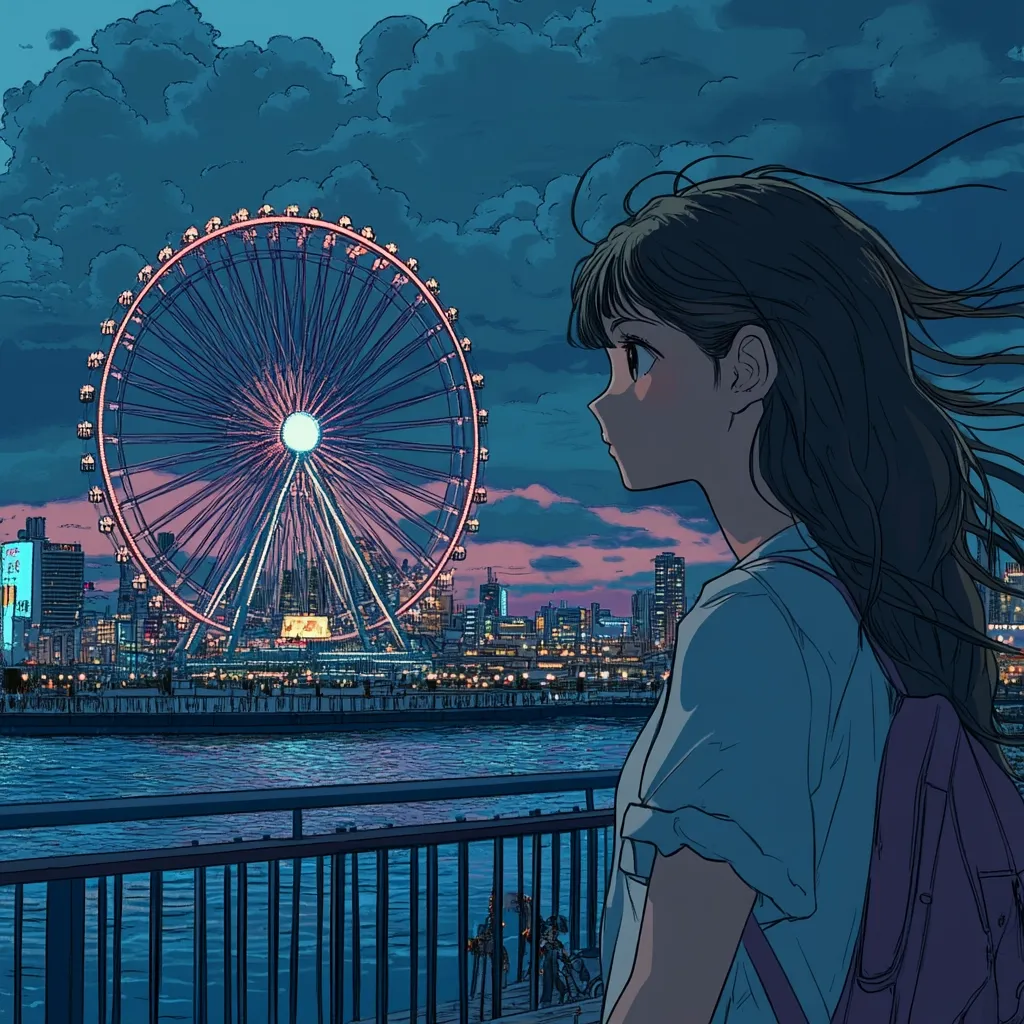 Here's a description of the image:

The illustration depicts a young woman with long brown hair, gazing at a Ferris wheel illuminated against a twilight cityscape.  Her expression is pensive, and she carries a backpack. The city skyline is softly lit, reflecting in the dark water of a river or bay, with buildings and lights creating a tranquil, yet slightly melancholic atmosphere. The overall style is anime-inspired, with clean lines and a muted color palette dominated by blues and purples.  The Ferris wheel is the central focus, its bright lights contrasting against the darkening sky. The scene evokes a feeling of peaceful solitude and quiet contemplation.