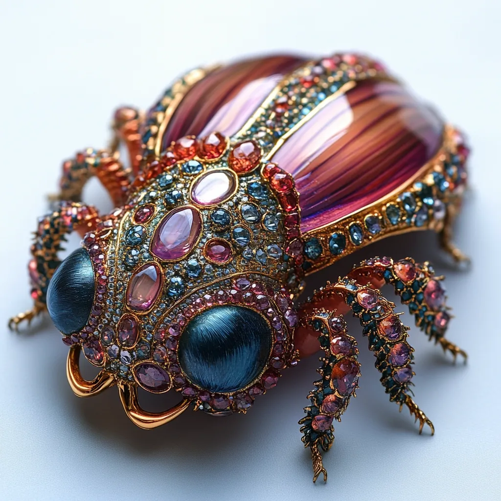 Here's a description of the image:

The photograph showcases an exquisitely crafted jeweled insect brooch, possibly a beetle or cicada. Its body is a vibrant blend of purples and reds, achieved through enamel work, and meticulously detailed with gold accents.  The insect's eyes are a deep teal, and its legs and carapace are encrusted with a multitude of colorful gemstones, including pink sapphires, rubies, and blue sapphires, creating a dazzling display of color and texture. The brooch rests on a pale blue background, enhancing its brilliance. The overall effect is one of luxurious artistry and intricate detail.