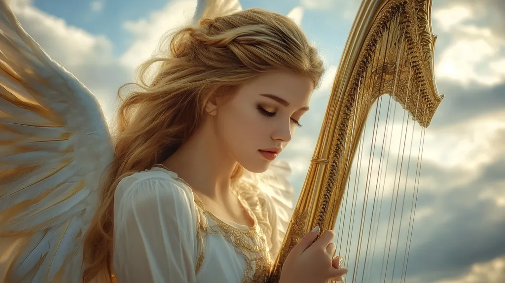A serene blonde woman, angelic in appearance with large white wings, is gently holding a golden harp.  Her long, flowing hair is partially up, and she wears a flowing white dress with gold detailing. The image is softly lit, creating a dreamy, ethereal atmosphere against a backdrop of a partly cloudy sky.  The overall impression is one of celestial beauty and tranquility.