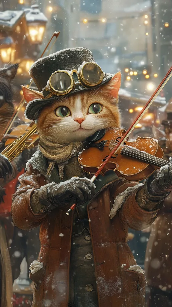 A ginger cat, dressed in a brown steampunk-style coat, top hat, and goggles, plays a violin in a snowy street scene.  Snowflakes gently fall around it as it concentrates on its music.  The cat's expression is serious and focused.  In the blurred background, a city street with warm lights and other musicians, possibly a black cat playing a saxophone, are visible, creating a whimsical, festive atmosphere.