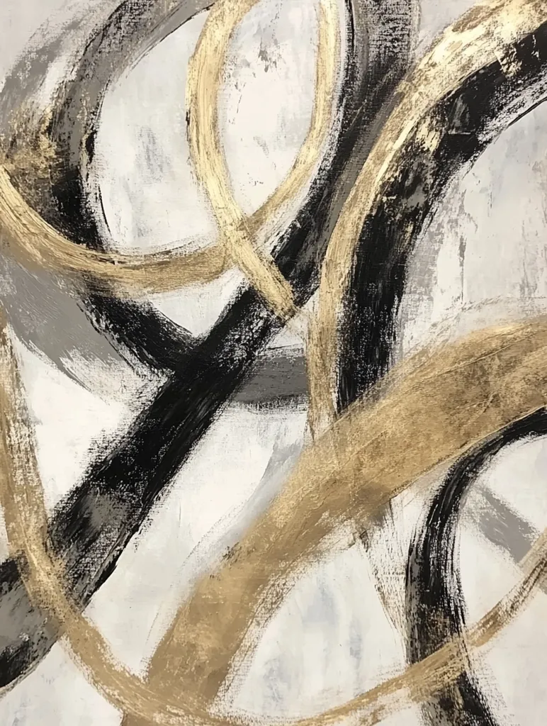 The artwork is an abstract painting dominated by swirling, broad strokes of black, gray, and gold paint on a white background. The strokes are dynamic and expressive, creating a sense of movement and energy. The gold accents add a touch of elegance and luxury.  The overall effect is modern, sophisticated, and visually captivating. The texture appears thick, suggesting impasto technique.  The composition is non-representational, focusing on the interplay of color and form.