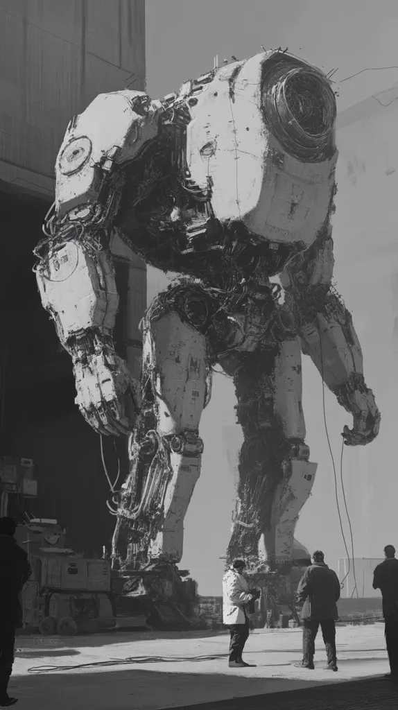 Here's a description of the image:

A grayscale illustration showcases a colossal, weathered mech standing in what seems to be an industrial setting. Its design is intricate and heavily detailed, suggesting age and wear, with visible wires and exposed mechanics. Three individuals in lab coats or work attire stand observing it from a distance, their small size emphasizing the mech's enormity. The background includes a large, grey building and other industrial structures. The overall mood is somber and industrial, possibly hinting at a post-apocalyptic or futuristic setting.  The image's style is reminiscent of concept art or digital painting, with a focus on texture and detail.