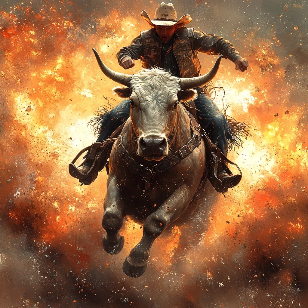 Here's a description of the image:

The image is a dramatic depiction of a bull rider in action.  A cowboy, wearing a traditional hat and leather vest, fiercely grips a powerful, light-colored bull as they charge forward amidst a fiery explosion of dust and debris. The bull's muscles are tense, and the cowboy's determined expression and posture showcase the intensity of the rodeo event. The background is a swirling maelstrom of orange and brown, enhancing the dynamic energy of the scene. The overall effect is one of raw power and thrilling competition.