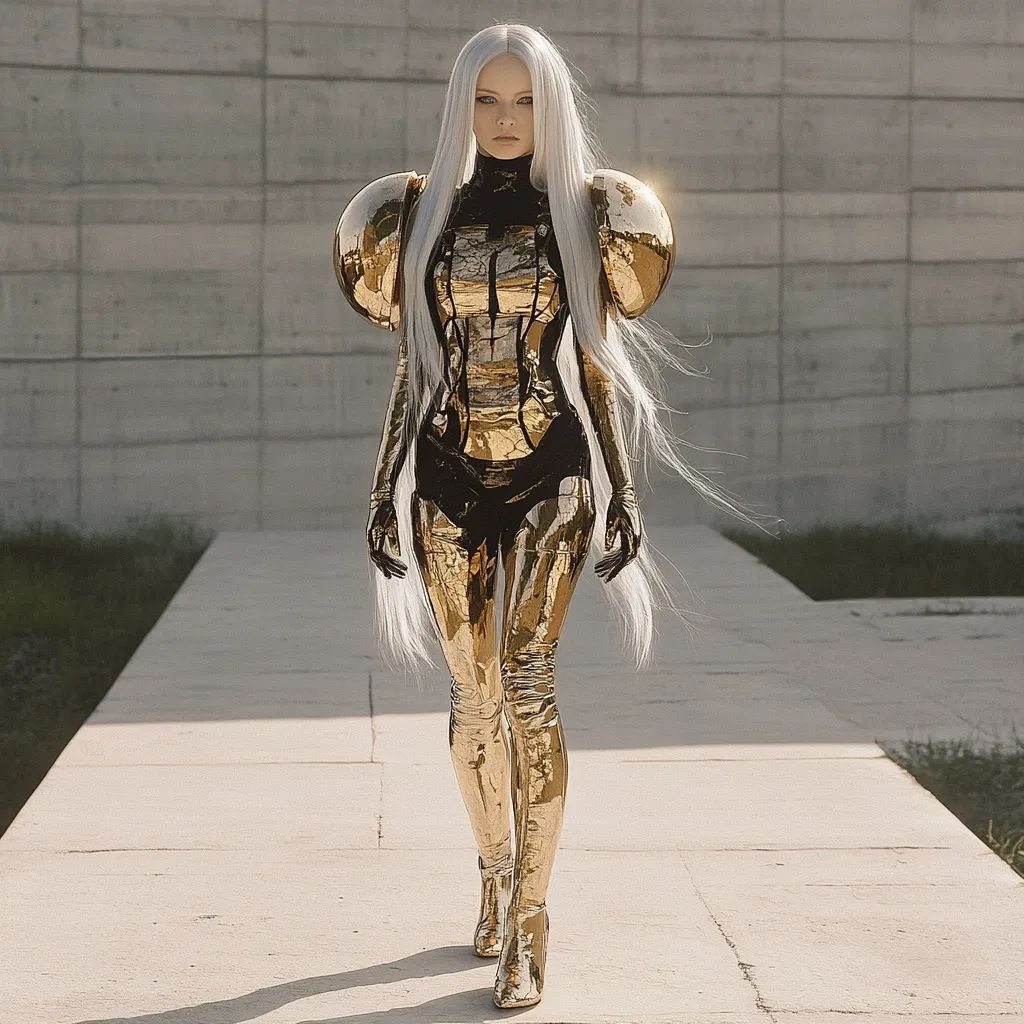 A striking woman with long platinum blonde hair models a futuristic gold bodysuit. The suit features a form-fitting design with metallic gold accents and large, spherical shoulder pads. The model's pose and the clean, minimalist backdrop evoke a sense of high fashion and advanced technology.  She walks down a pale stone pathway, creating a striking contrast between the gold and the neutral tones of her surroundings.  The overall impression is one of elegant sci-fi style.