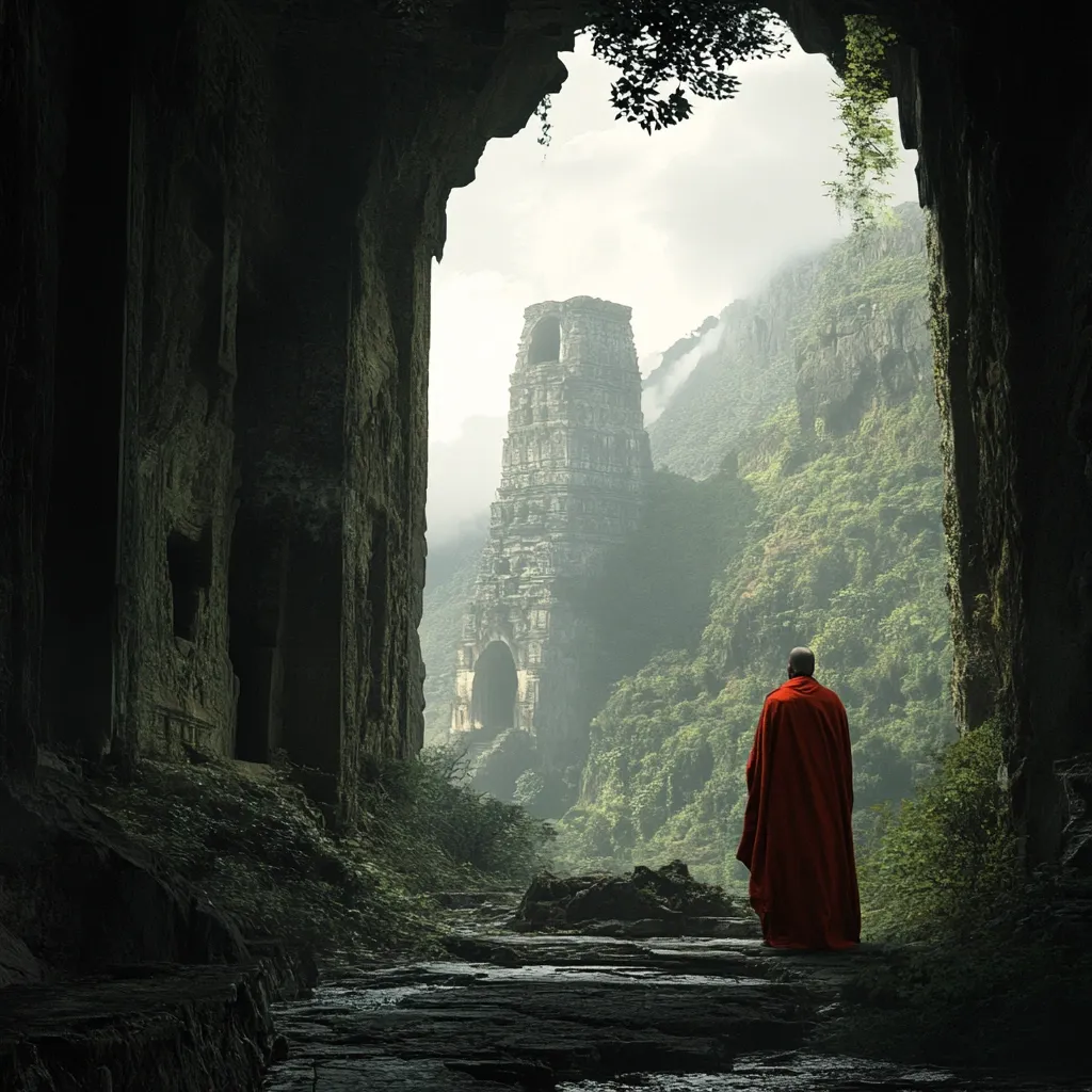 A lone figure, cloaked in a vibrant red robe, stands at the mouth of a dark, moss-covered cave.  The cave's opening frames a breathtaking vista: a misty valley cloaked in lush green foliage, with the ruins of an ancient stone tower standing prominently in the middle distance. The scene is evocative of mystery and contemplation, blending elements of fantasy and reality. The contrast between the dark, claustrophobic cave and the bright, expansive landscape emphasizes the journey from confinement to openness.