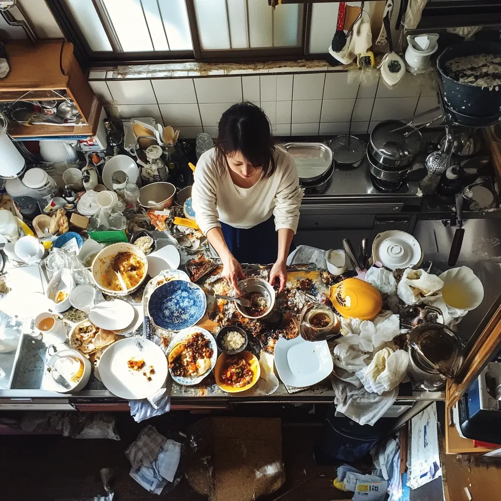 An overhead shot captures a woman in a cream-colored sweater standing amidst a chaotic kitchen scene.  The countertop is heavily cluttered with dirty dishes, food remnants, and cooking utensils.  A multitude of bowls, plates, and pans are piled high, showcasing a significant mess.  The woman is seemingly in the process of preparing a meal, adding to the already overwhelming clutter.  The overall impression is one of extreme disarray and a lack of cleanliness.