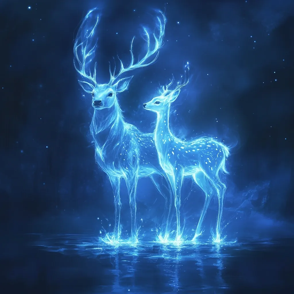 A digital artwork depicts two luminescent deer, a stag and a doe, standing in a serene body of water.  Their bodies shimmer with ethereal, blue light, appearing almost spectral.  The deer's antlers and spots are intricately detailed, and small splashes of light surround their hooves.  The background is a dark, starry night sky, with hints of a shadowy forest. The overall mood is mystical and serene.