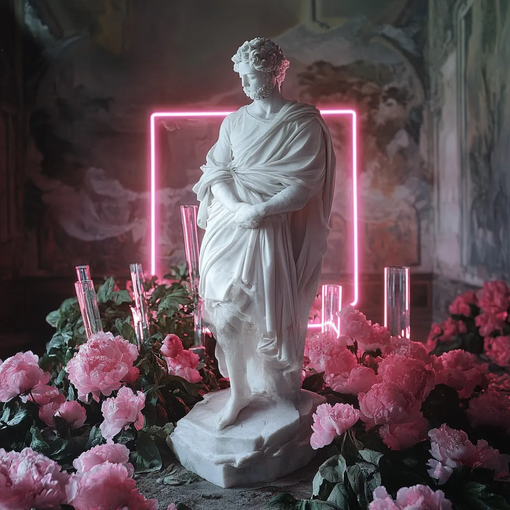 A classical marble statue of a draped male figure stands on a pedestal, subtly illuminated by a vibrant pink neon square behind it.  Surrounding the statue are lush, pink peonies, creating a striking contrast between antiquity and modern aesthetics. The backdrop is a dimly lit, aged interior with faded wall art, suggesting a historical setting. The overall scene blends elements of classic sculpture with contemporary artistic lighting and floral arrangements.