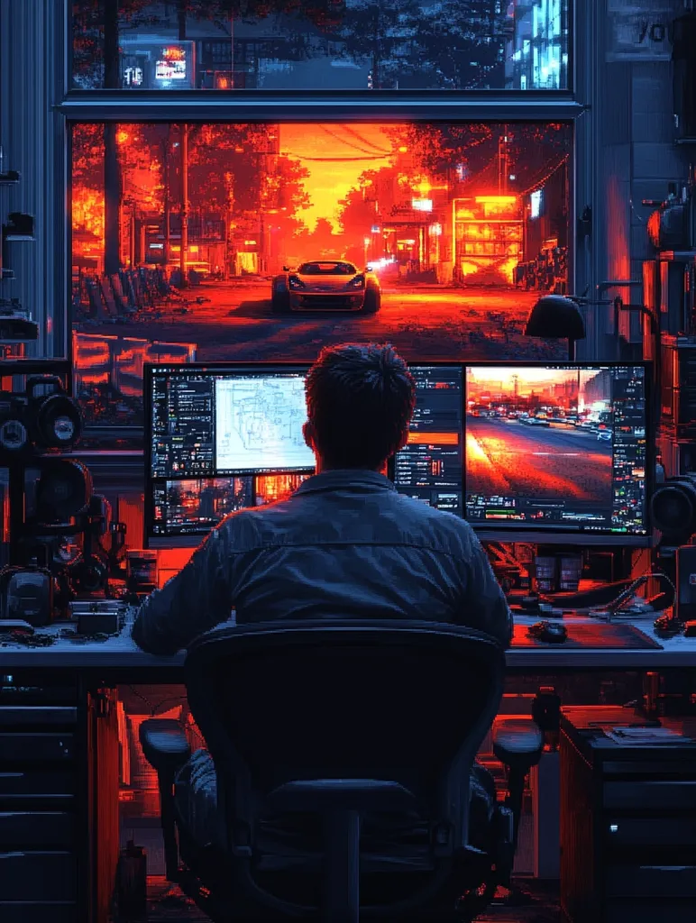 Here's a description of the image:

The image depicts a person seated at a computer desk in a dimly lit room, illuminated by the warm glow of screens and red ambient lighting.  The large window behind the desk displays a vibrant, almost pixelated, cityscape at sunset, featuring a red sports car prominently positioned on a street.  The person is engrossed in work on dual computer monitors, which display what appears to be design software and possibly video editing programs.  The overall aesthetic is dark, technologically advanced, and evocative of a late-night work session. The scene blends digital and real-world elements, creating a compelling atmosphere.