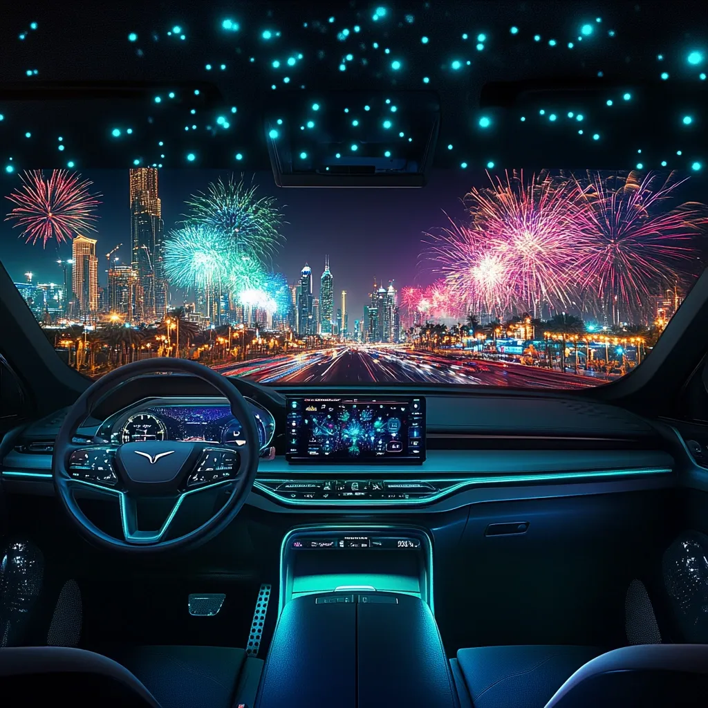 Here's a description of the image:

The interior of a sleek, modern car is shown, bathed in cool, teal ambient lighting.  The car faces a vibrant cityscape at night, with a spectacular fireworks display illuminating the skyline.  The dashboard features a large central touchscreen and a minimalist design. The car's headliner is decorated with small, twinkling lights, mimicking a starry night sky. The overall effect is one of luxury, technological advancement, and celebratory festivity.