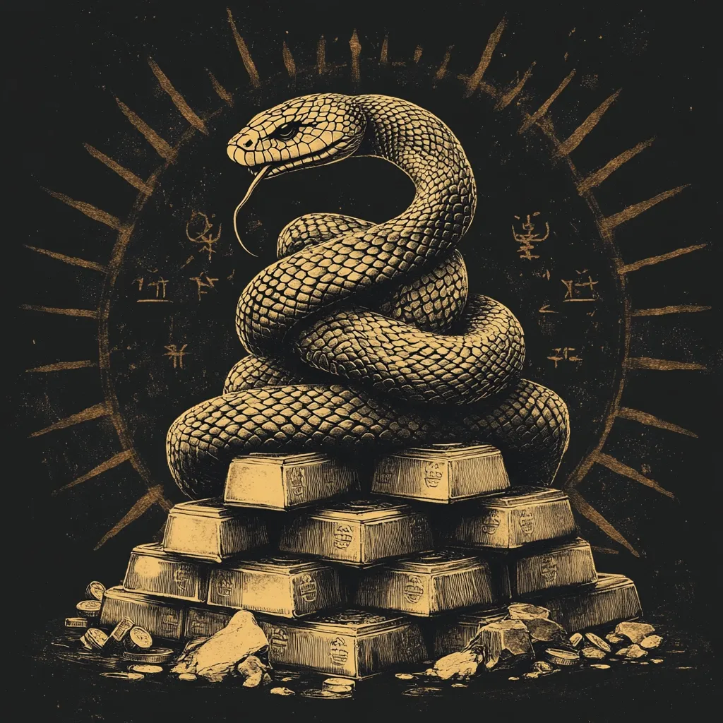 A large, coiled black snake, rendered in gold tones, sits atop a pyramid of gold bars and coins.  The image is dark and textured, evoking a sense of antiquity and mystery.  A sunburst or similar radiating pattern is in the background, further enhancing the symbolic and potentially occult feel. Undeciphered symbols are subtly incorporated into the background. The overall composition suggests themes of wealth, power, and perhaps danger or hidden knowledge.