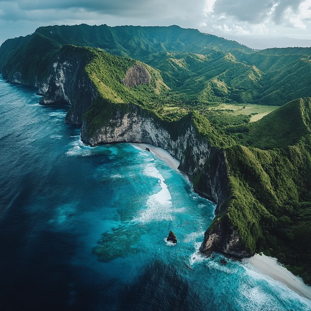 Here's a description of the image:

An aerial view showcases a breathtaking coastal landscape. Lush, verdant hills and mountains cascade down to a secluded, pristine beach nestled within a dramatic cove.  The turquoise ocean water is incredibly clear, revealing shallow coral reefs near the shore.  White waves gently break on the sandy beach, contrasting with the deep blue of the open sea. The scene evokes a sense of tranquility and untouched natural beauty.