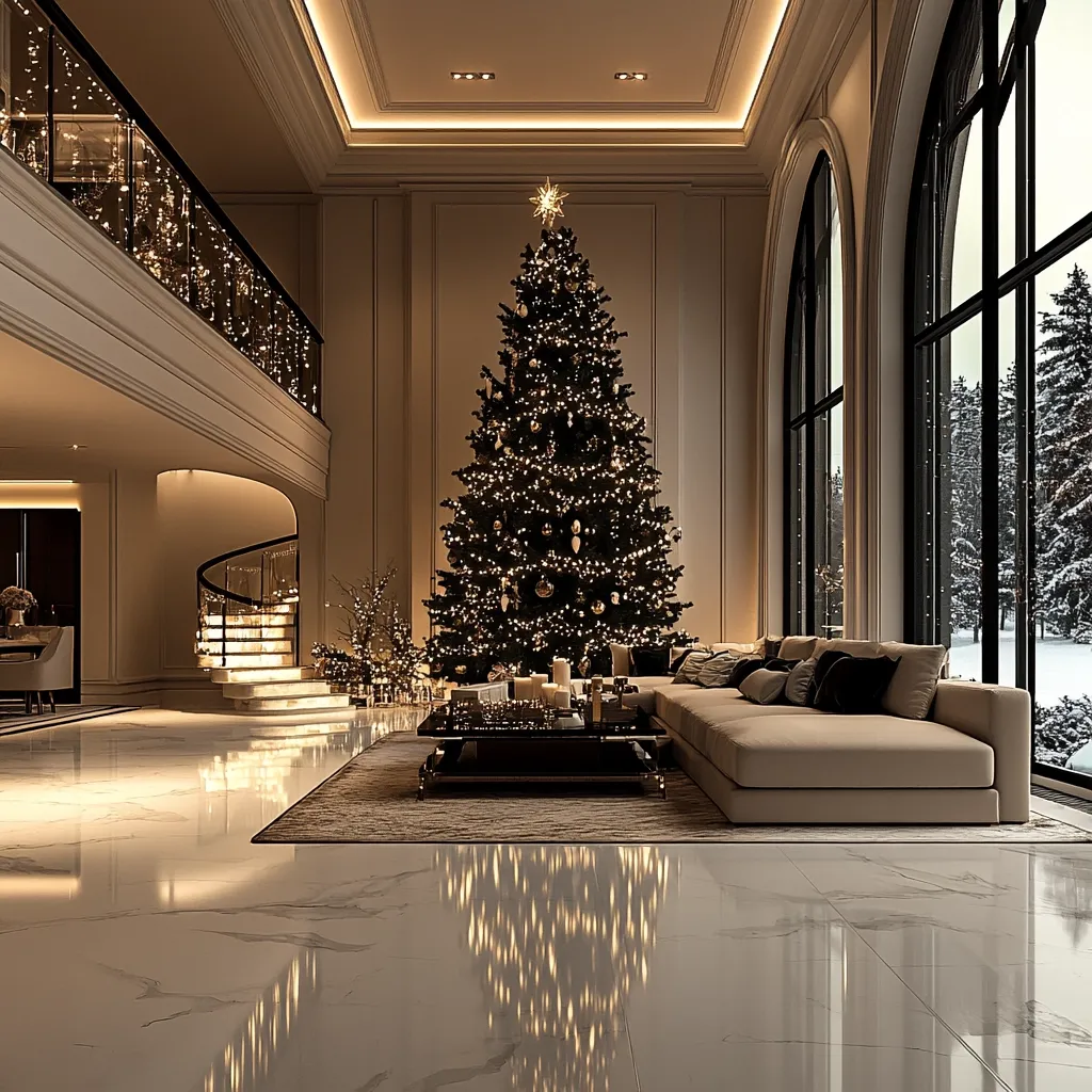 A luxurious living room is elegantly decorated for Christmas.  A large, beautifully lit Christmas tree stands as the centerpiece, bathed in warm light.  A spacious, beige sectional sofa sits before it, facing expansive arched windows showcasing a snowy winter landscape.  The gleaming marble floors reflect the tree's lights, and a modern coffee table sits between the sofa and the tree.  A grand staircase with glass railings is visible in the background, adding to the home's opulent ambiance. The overall feel is one of sophisticated festive cheer.