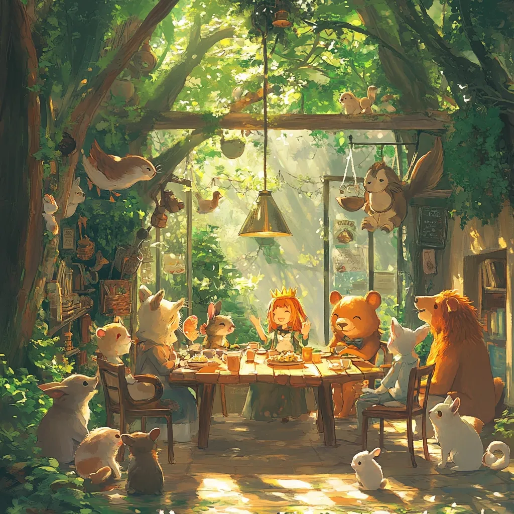 Here's a description of the image:

A whimsical illustration depicts a sunlit woodland tea party. A young girl with a golden crown sits at a wooden table surrounded by anthropomorphic animals—rabbits, cats, bears, and a mouse—all enjoying a meal.  The setting is a charming, rustic enclosure nestled within a lush forest, complete with hanging birdcages and a hanging lamp.  Sunlight streams through the leafy canopy, illuminating the scene with a warm, magical glow.  The overall style is soft, painterly, and evocative of fantasy children's literature.