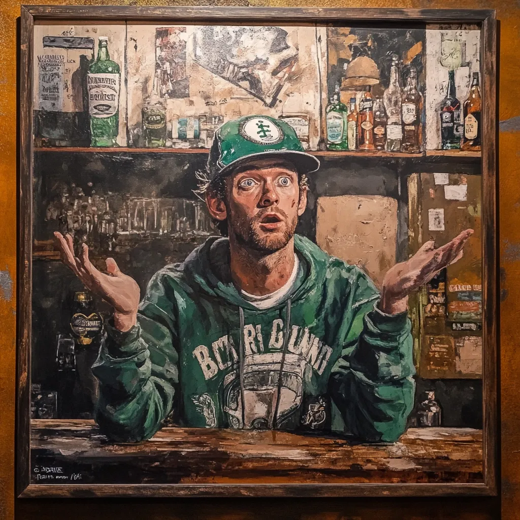 Here's a description of the image:

The painting depicts a man with a surprised expression, his arms outstretched in a gesture of bewilderment. He's wearing a green hoodie with a logo and a matching baseball cap. The background is a dimly lit bar with shelves stocked with liquor bottles.  The style is realistic, with visible brushstrokes giving a textured feel. The overall mood is one of casual confusion set against the backdrop of a somewhat cluttered, rustic pub.  The artist's signature is visible in the bottom left corner.