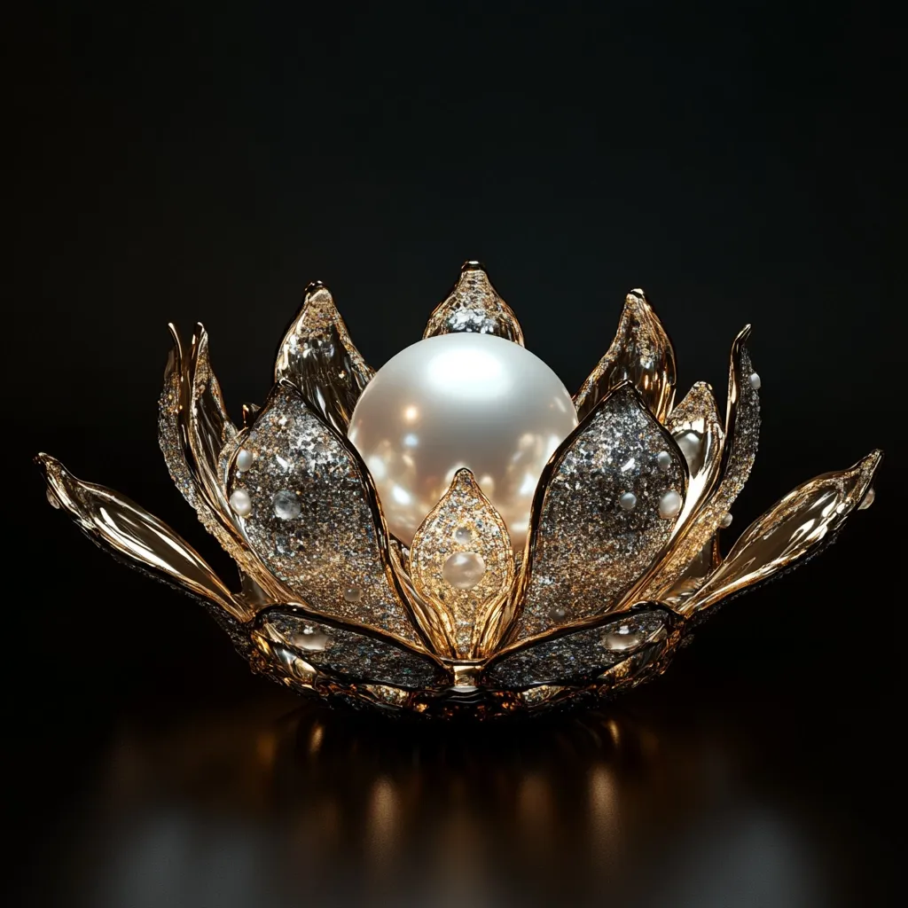 Here is a description of the image:

A large, lustrous pearl rests in the center of a meticulously crafted golden lotus flower. The flower's petals are intricately detailed, appearing to be encrusted with numerous small, glittering diamonds or crystals. The gold has a warm, rich tone, contrasting beautifully with the pearl's cool, creamy white. The entire piece is set against a stark black background, enhancing its luxurious and elegant appearance. The image suggests opulence and sophistication.