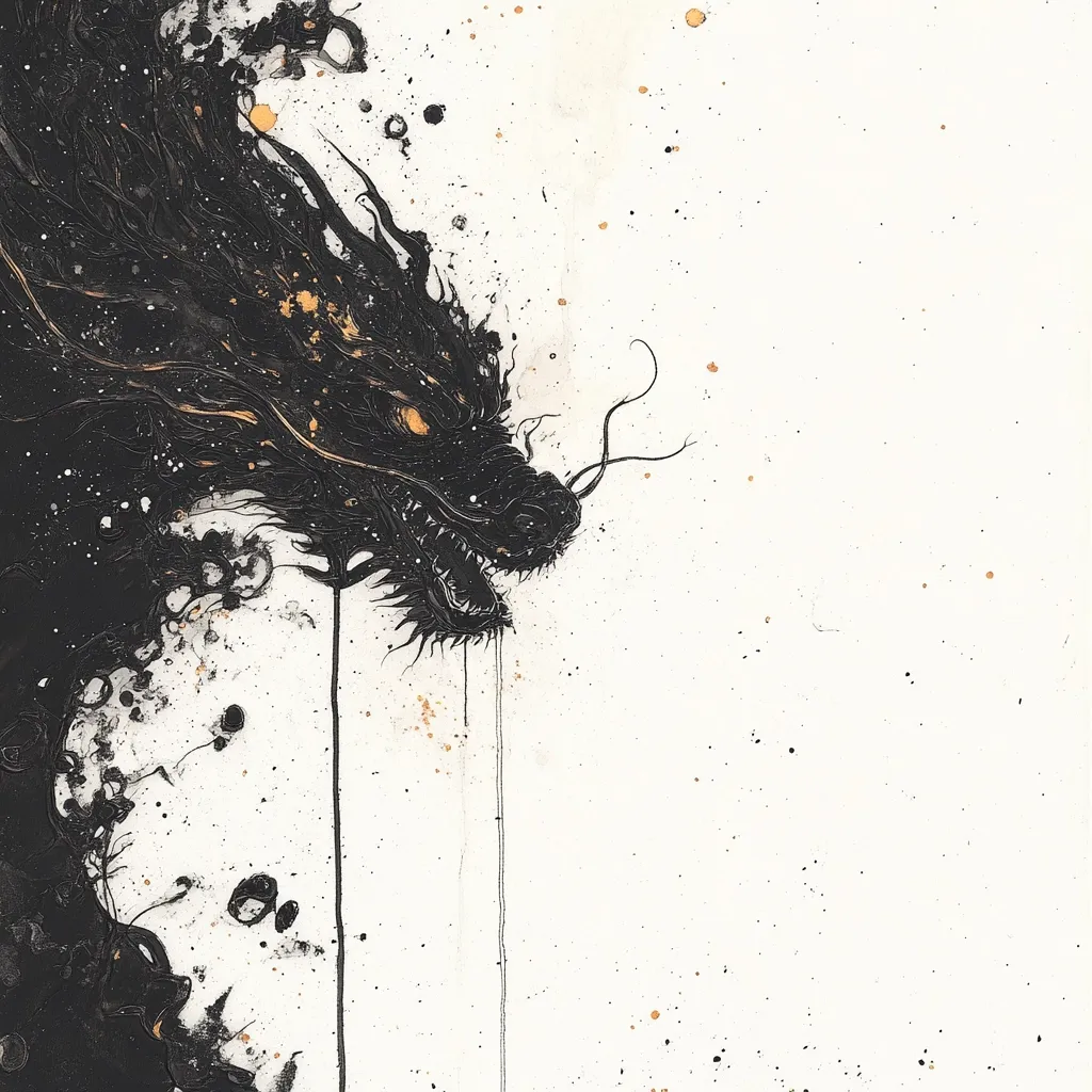 The artwork depicts a stylized dragon's head and neck, rendered in black with gold accents, against a stark white background.  The dragon appears powerful and menacing, its form suggested through flowing, abstract brushstrokes.  Black ink drips down from the dragon's snout, adding to the dynamic feel.  Gold speckles and splatters are scattered across the canvas, contrasting the dark dragon and enhancing the overall dramatic effect. The image blends realism and abstract expressionism, creating a powerful and visually striking piece.