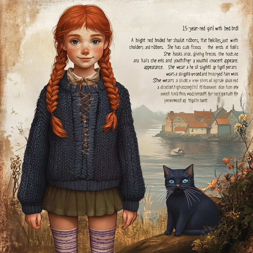 A digital painting depicts a 15-year-old girl with bright red braided hair, adorned with ribbons.  She has freckles and wears a dark blue knitted sweater with a laced front, a green skirt, and striped knee-high socks.  Her innocent expression complements her youthful appearance.  Beside her sits a black cat with bright blue eyes. The backdrop features a picturesque coastal village, adding to the charming, fairytale-like atmosphere.  Text surrounding the image provides a description of the girl's appearance.