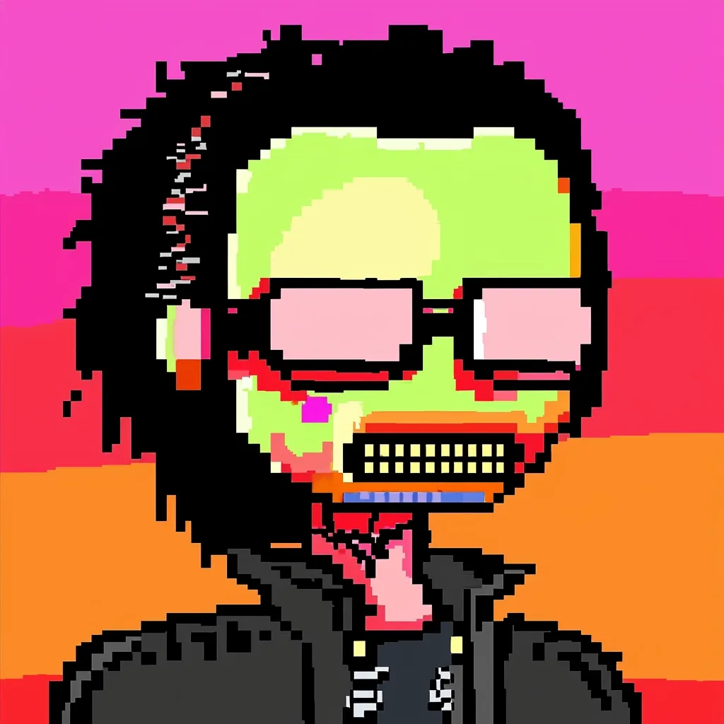 Here's a description of the image:

The image is a pixel art portrait of a stylized character. The character has lime green skin, black hair, and is wearing pink sunglasses and a black leather jacket.  The face is somewhat distorted, with a grid-like mouth and other features that appear somewhat damaged or glitched.  The background is a vibrant, multicolored horizontal stripe pattern of pink, orange, and red. The overall style is reminiscent of 8-bit video game graphics, with a bold and slightly unsettling aesthetic.